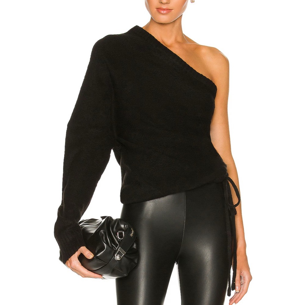 NWT RtA Black One Shoulder Athena Blouson Sleeve Knit Banded Hem Sweater Large